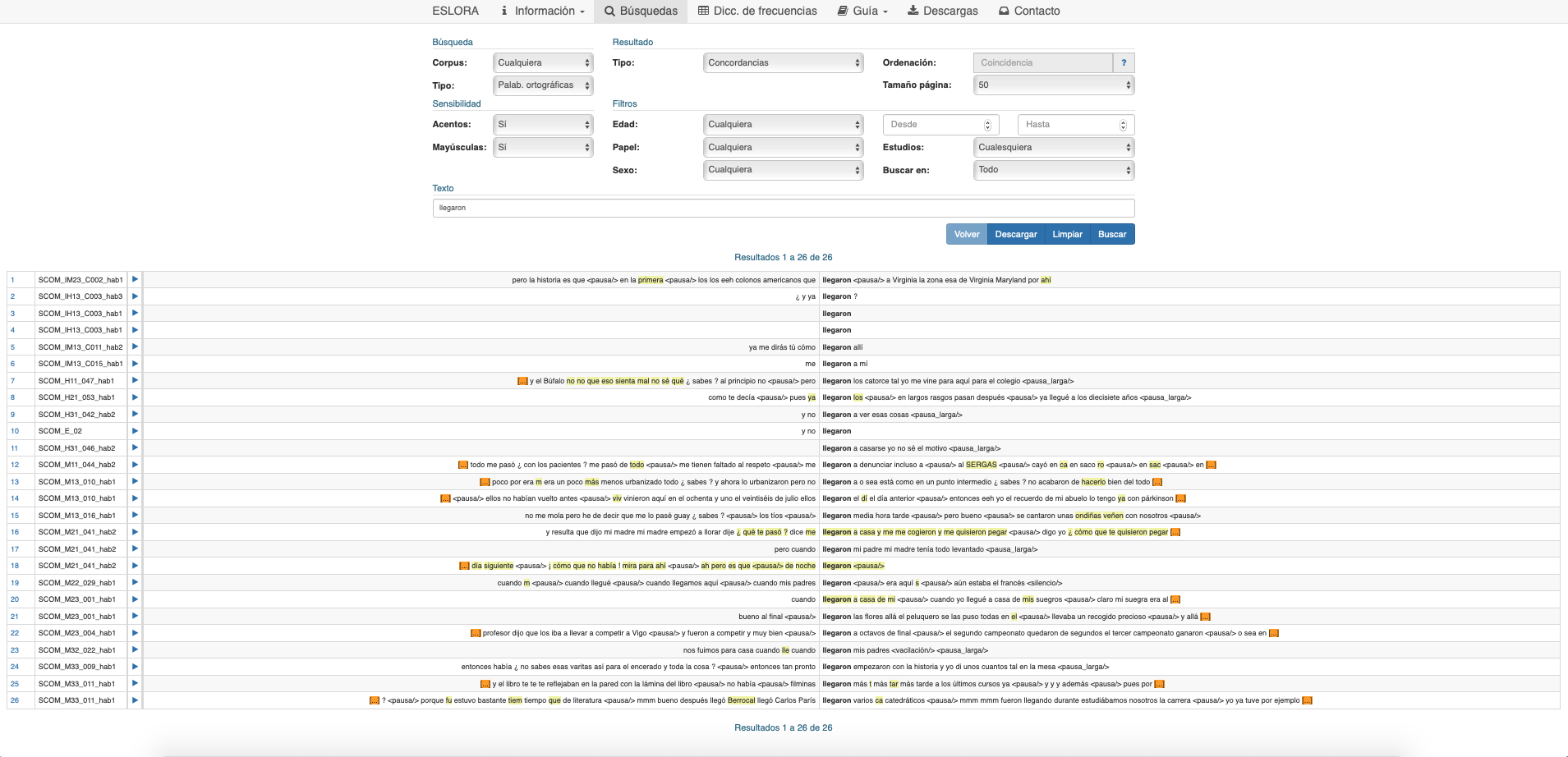 Fig. 3. Pantalla de concordancias.