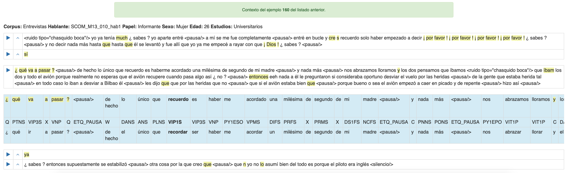Fig. 4. Pantalla con toda la información disponible sobre los elementos textuales.