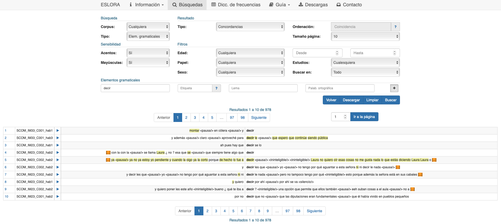 Fig. 5. Concordancias con la separación de unidades gramaticales